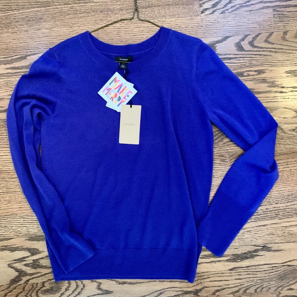 HALOGEN Crew Neck Merino Wool Blend Sweater In Royal Blue Neon Small NWT